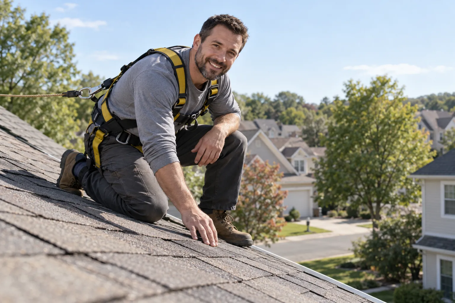 Roofer inspecting shingles on a family home in Vallejo
