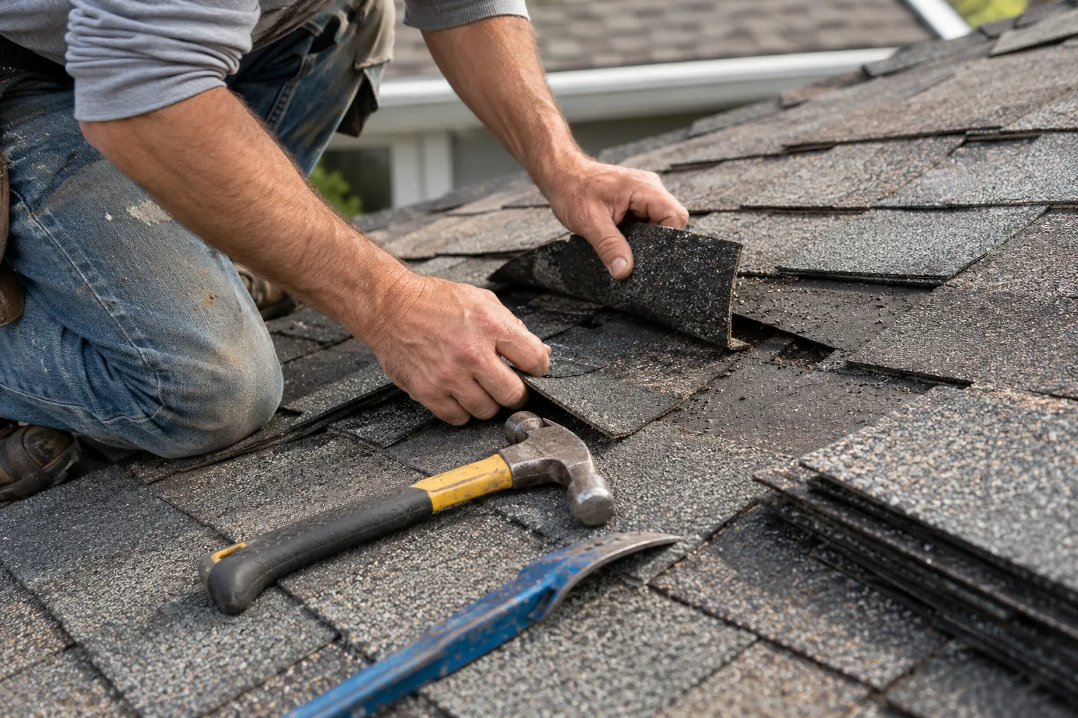 Roofer replacing damaged shingles on a leaking roof
