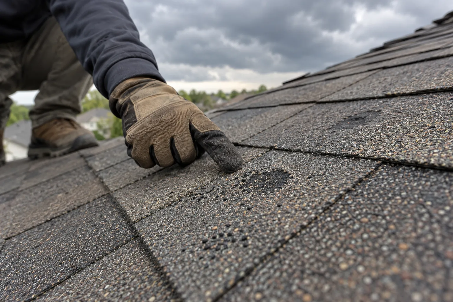Hail-damaged roof shingles being inspected after a storm